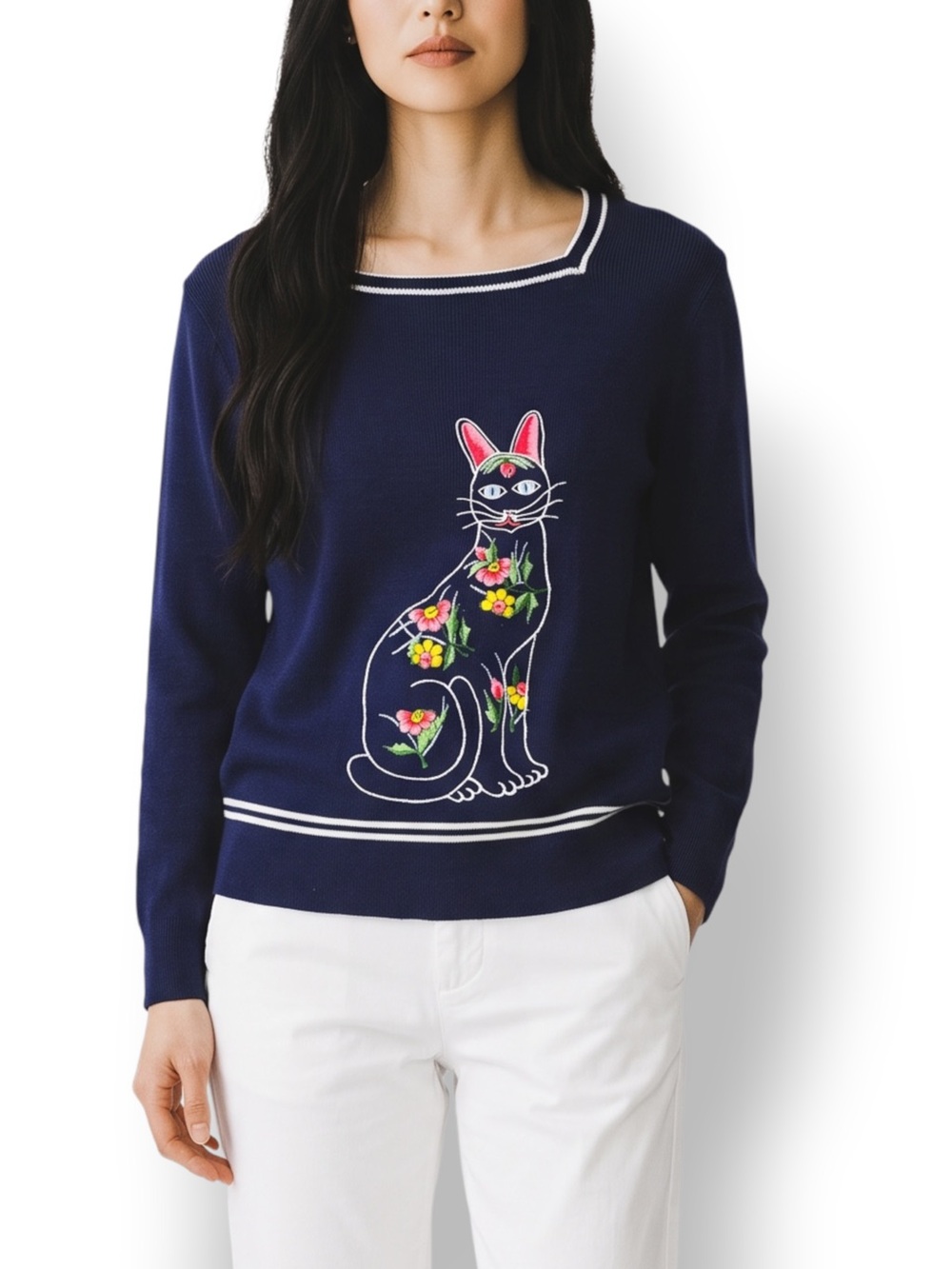 Vintage LeRoy Knitwear Navy Embroidered Cat Floral Sweater 70s 80s